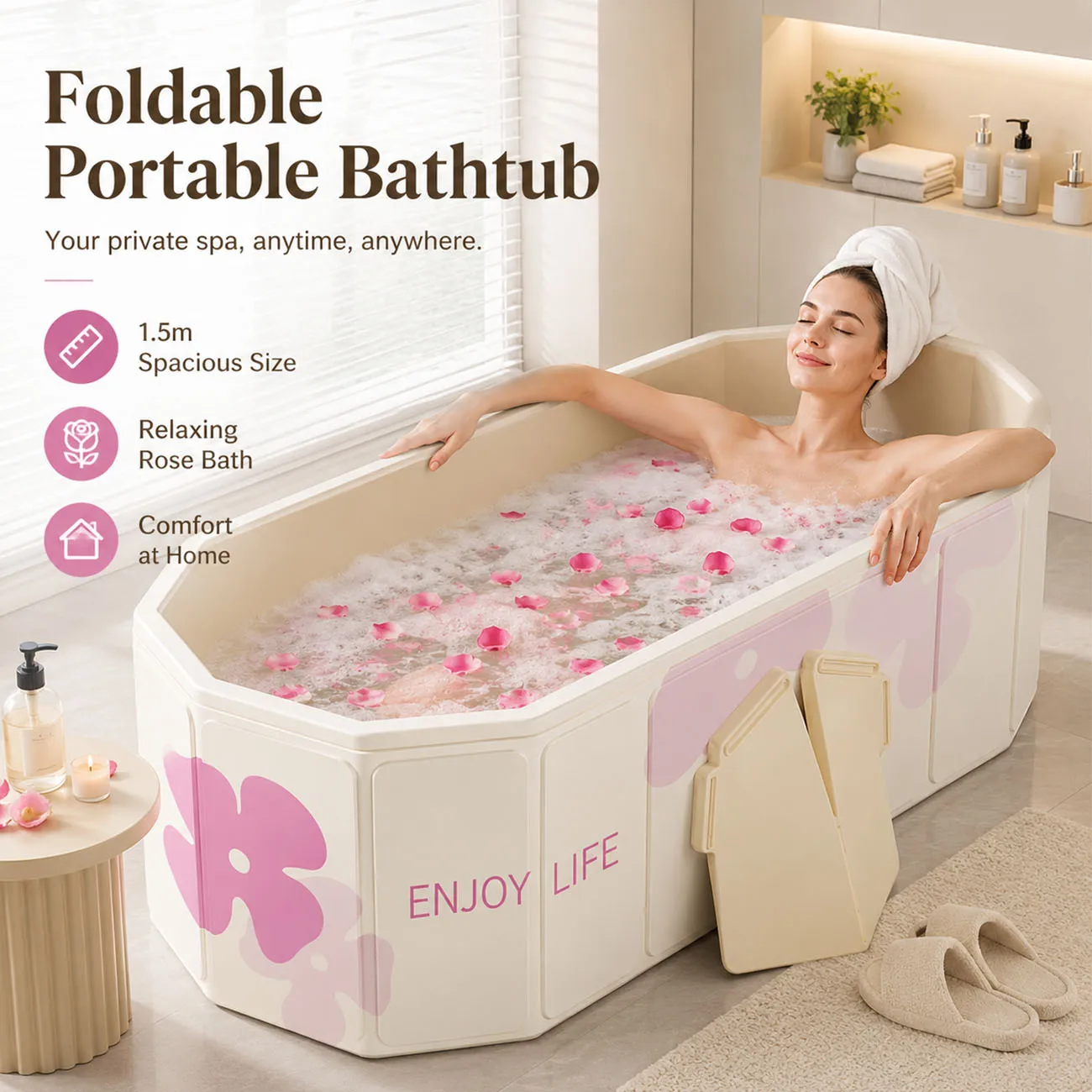 1,5 m extra große, faltbare Badewanne für Erwachsene, rosa geblümte tragbare Einweichwanne mit Stützpaneelen, platzsparendes Heim-Spa-Bad