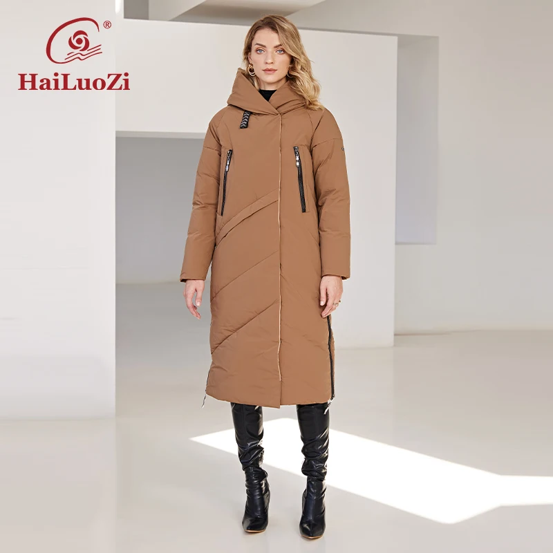 HaiLuoZi 2022 New Winter Women\'s Jacket Long Thick Bio Cotton Big Pocket Hood Zipper Elegent Female Clothing Parka Women Coat 23