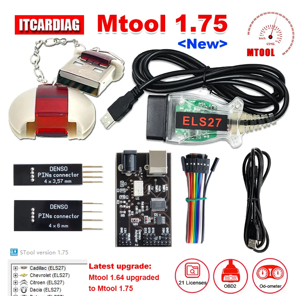 Mtool V1.75 Software Mileage Correction Adjustment Tool Full Set Dongle + Denso Adapter + Denso Pin Connector Cable ELS27 Cable