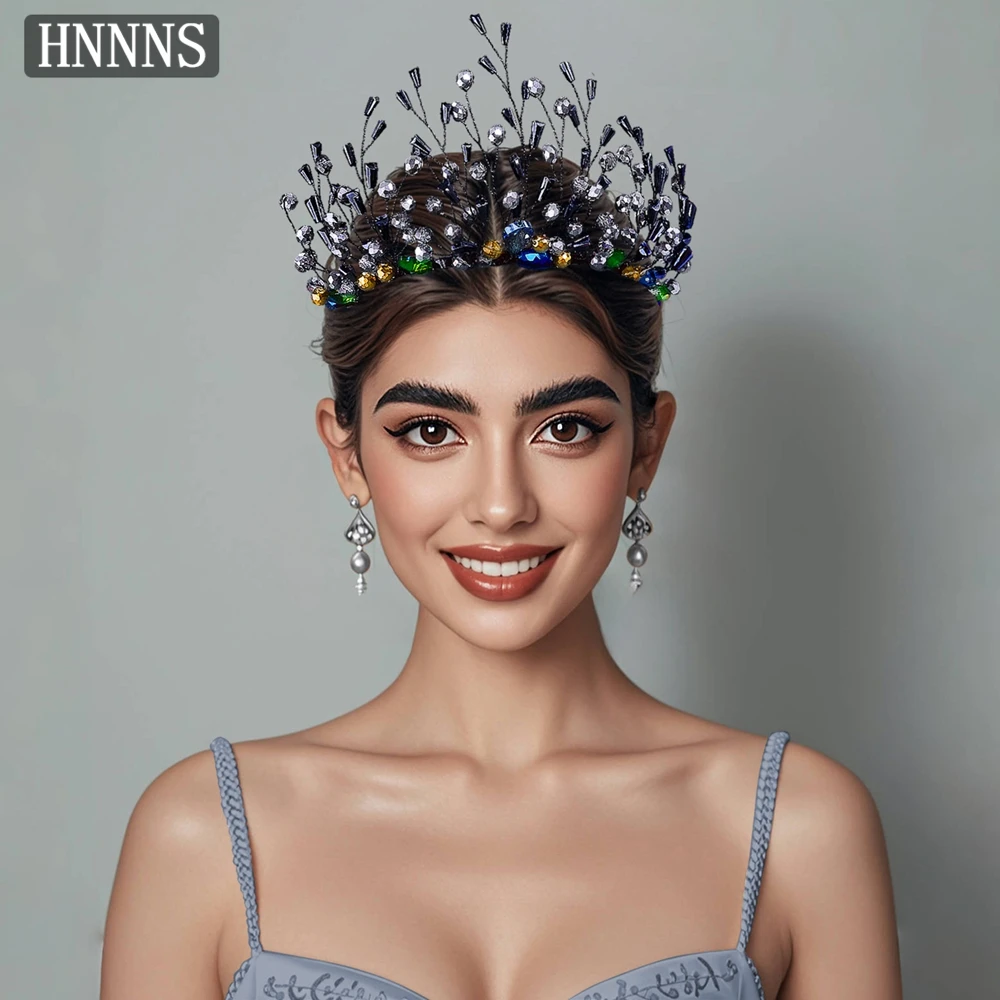 

HNNNS Bride Crown Headband Ink Blue Crystal Headpiece Handmade Bridal Hairband Tiara Wedding Dress Hair Accessories A285