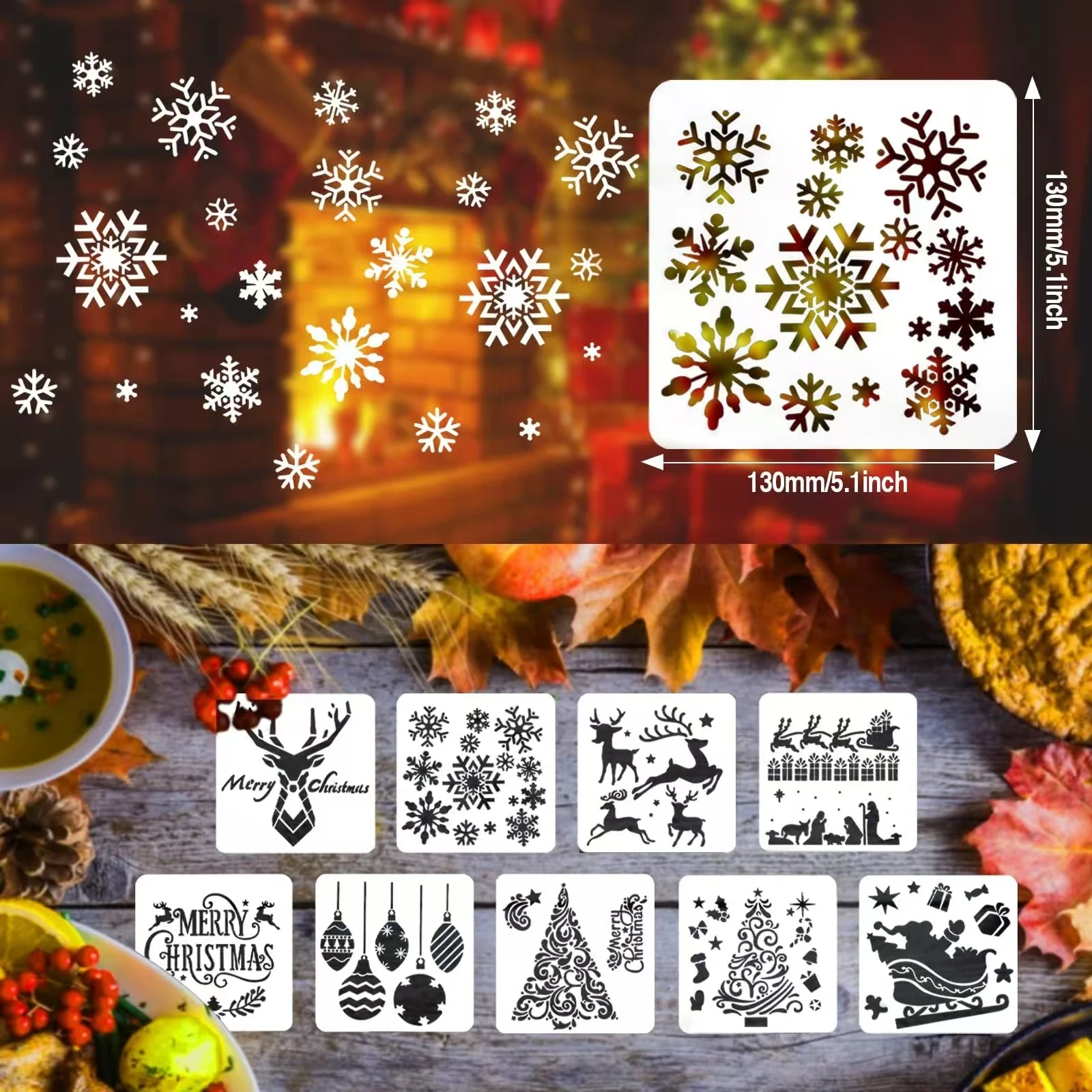 9PCS 13×13cm Christmas Stencils Set Reusable Templates for DIY Painting Card Making Scrapbooking Holiday Decor