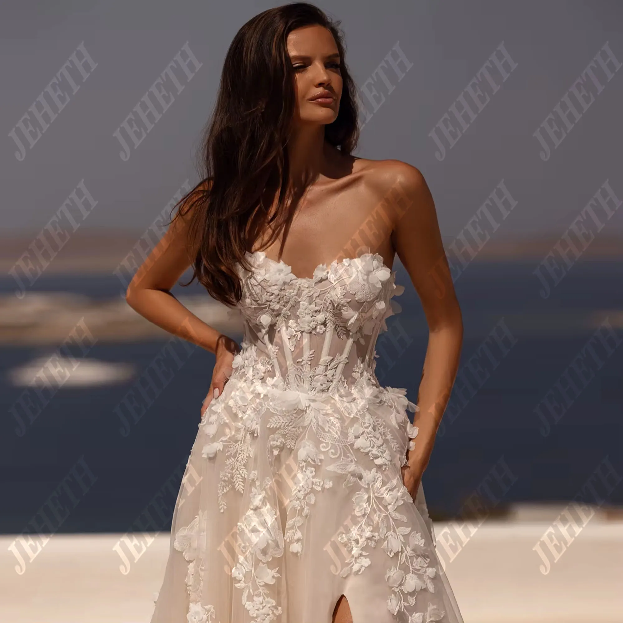 JEHETH โรแมนติก Sweetheart คอชุดแต่งงาน Charming ลูกไม้ Appliques 3D ดอกไม้ชุดเจ้าสาว Elegant ชุดสําหรับเจ้าสาวที่กําหนดเอง