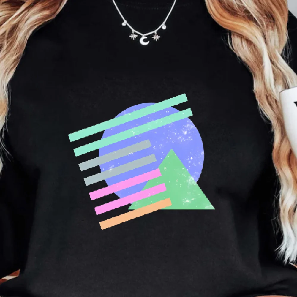 

Черный свитшот с принтом геометрических фигур в стиле ретро, яркие цвета, художественный узор, стильная уличная одежда, свободный крутой топ с длинными рукавами