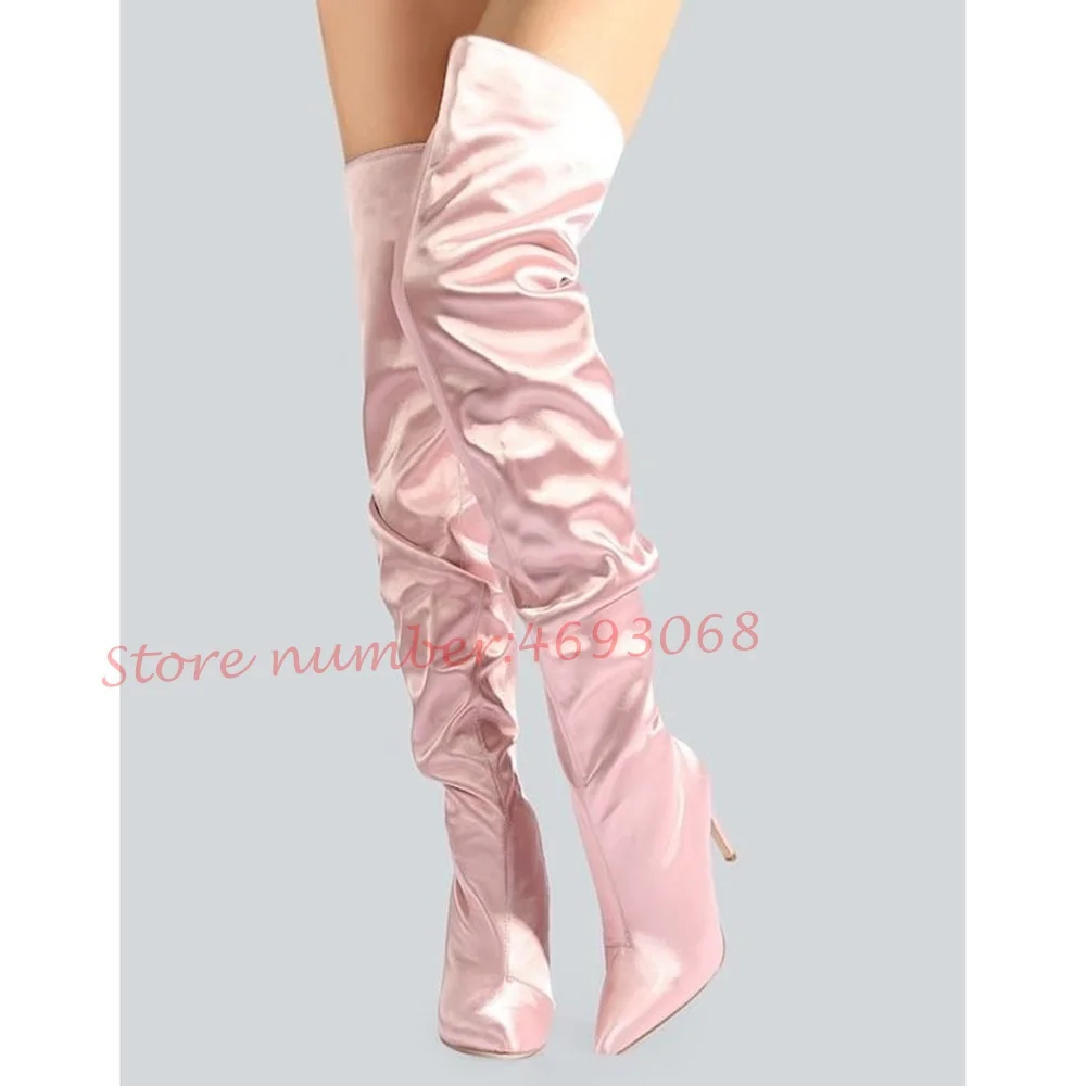 Candy Pink Satin Thigh High Boots Women Elegant Shiny Over The Knee Summer Boots Solid Pointed Toe Modern Fashion Women Shoes