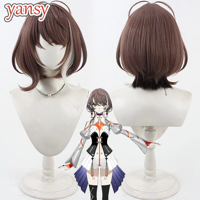 Yansywig Synthetic Hair Asu Cosplay Wigs Virtual YouTuber Asu 30cm Short Straight Brown Mixed White Bobo Wig Heat Resistant