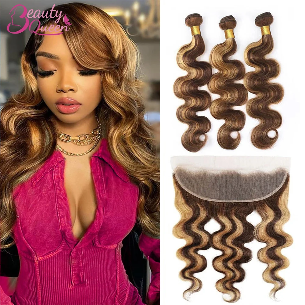 Mèches Remy 100% Naturelles avec Closure, Cheveux Vierges, 13x4, avec Reflets, Pre-Plucked, #4/27