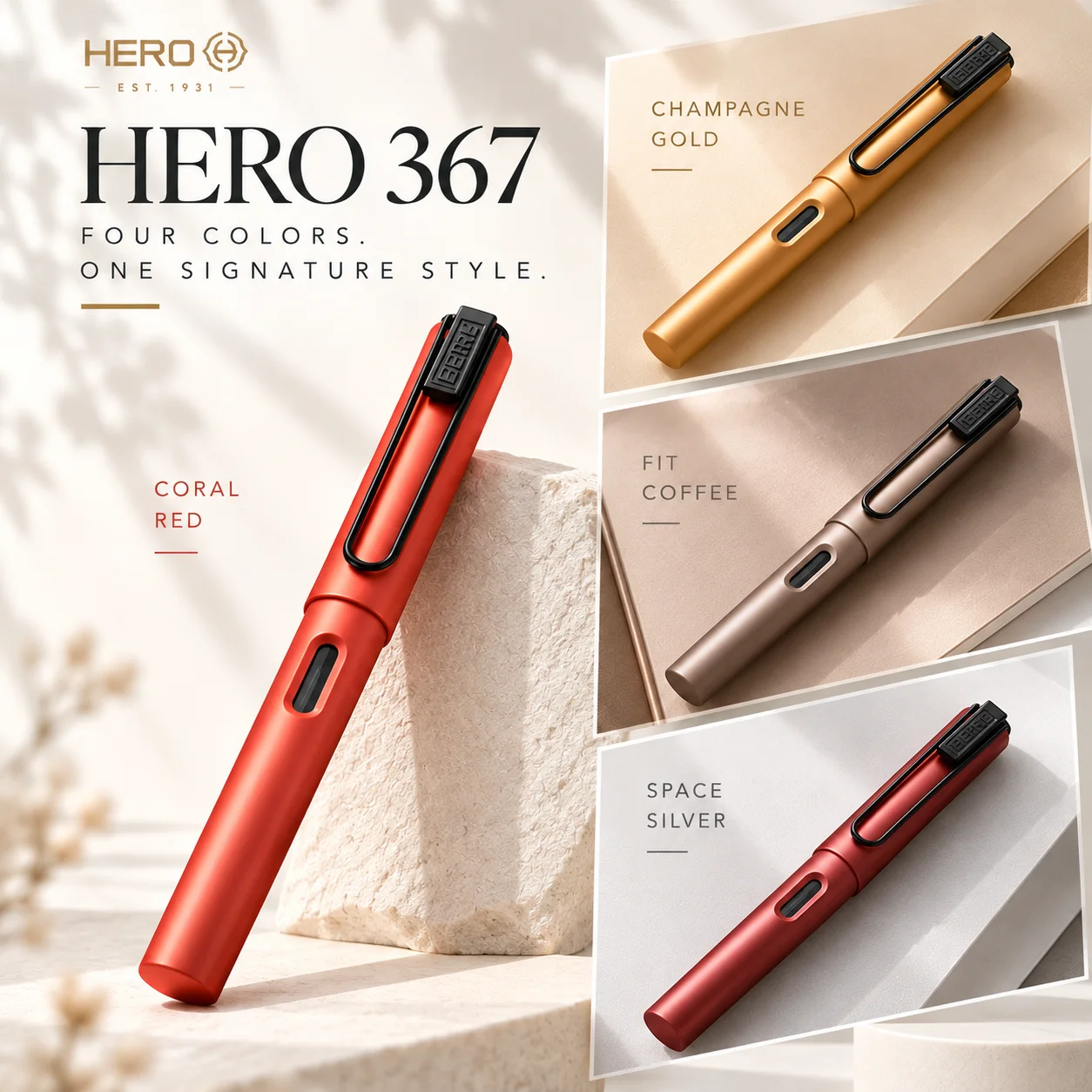 Lightweight & Stylish | Hero 367 Matte Finish 4-Color Pen, 0.5mm Fine Nib for Notes and Office