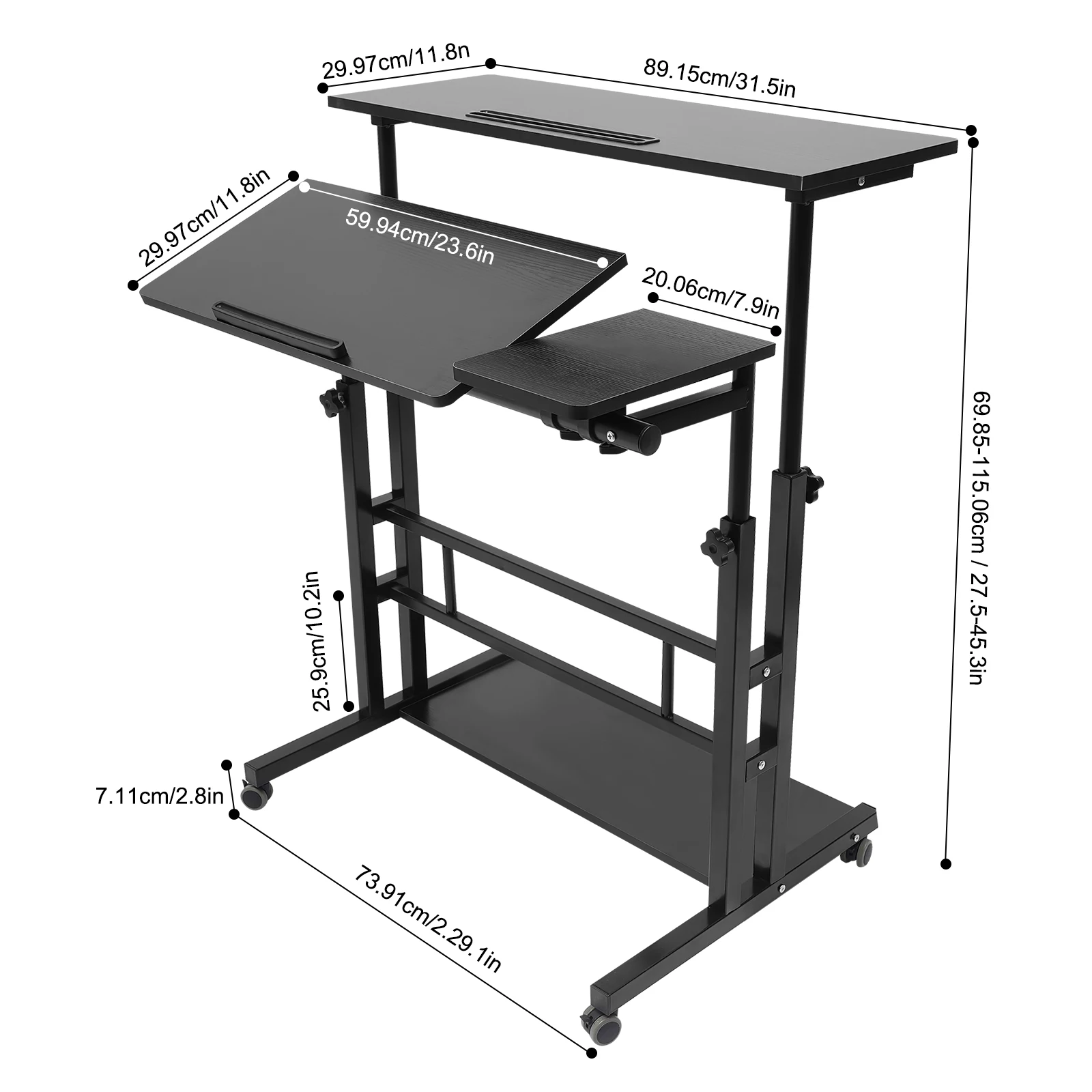 Móvel ajustável Stand Up Desk, Mesa para laptop com rodas, Mesa de armazenamento, Home Office Workstation, Mesa rolante, Carrinho preto para laptop