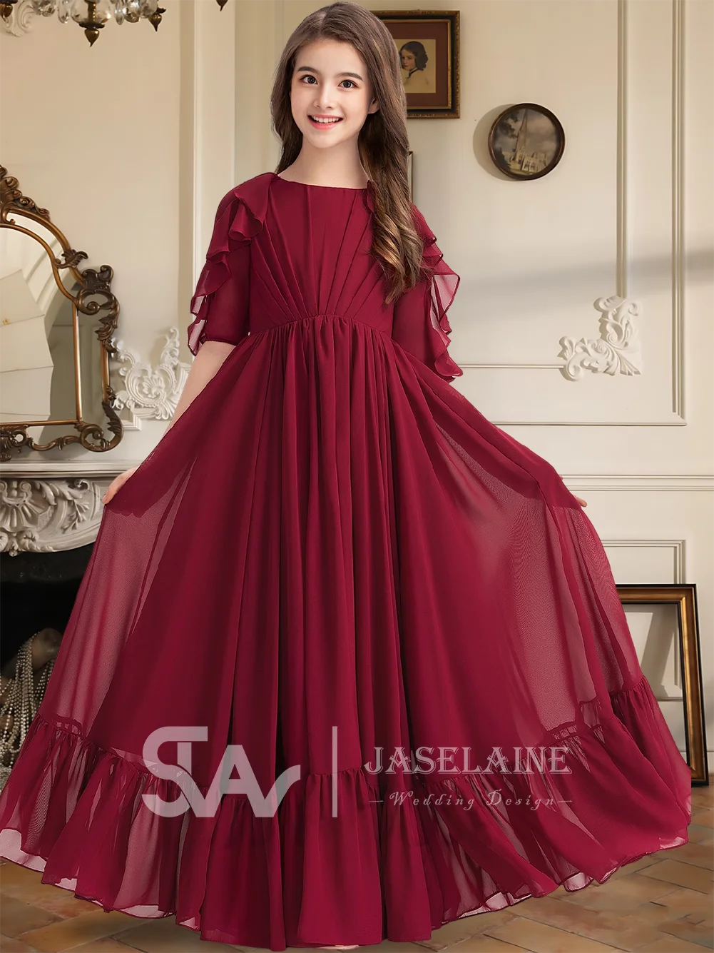 B キッズ ジュニア ブライズメイド ドレス マキシレングス シフォン Aライン スクープ 1/2 スリーブ フラワーガールドレス ガールズ パーティードレス 結婚式 フォーマル