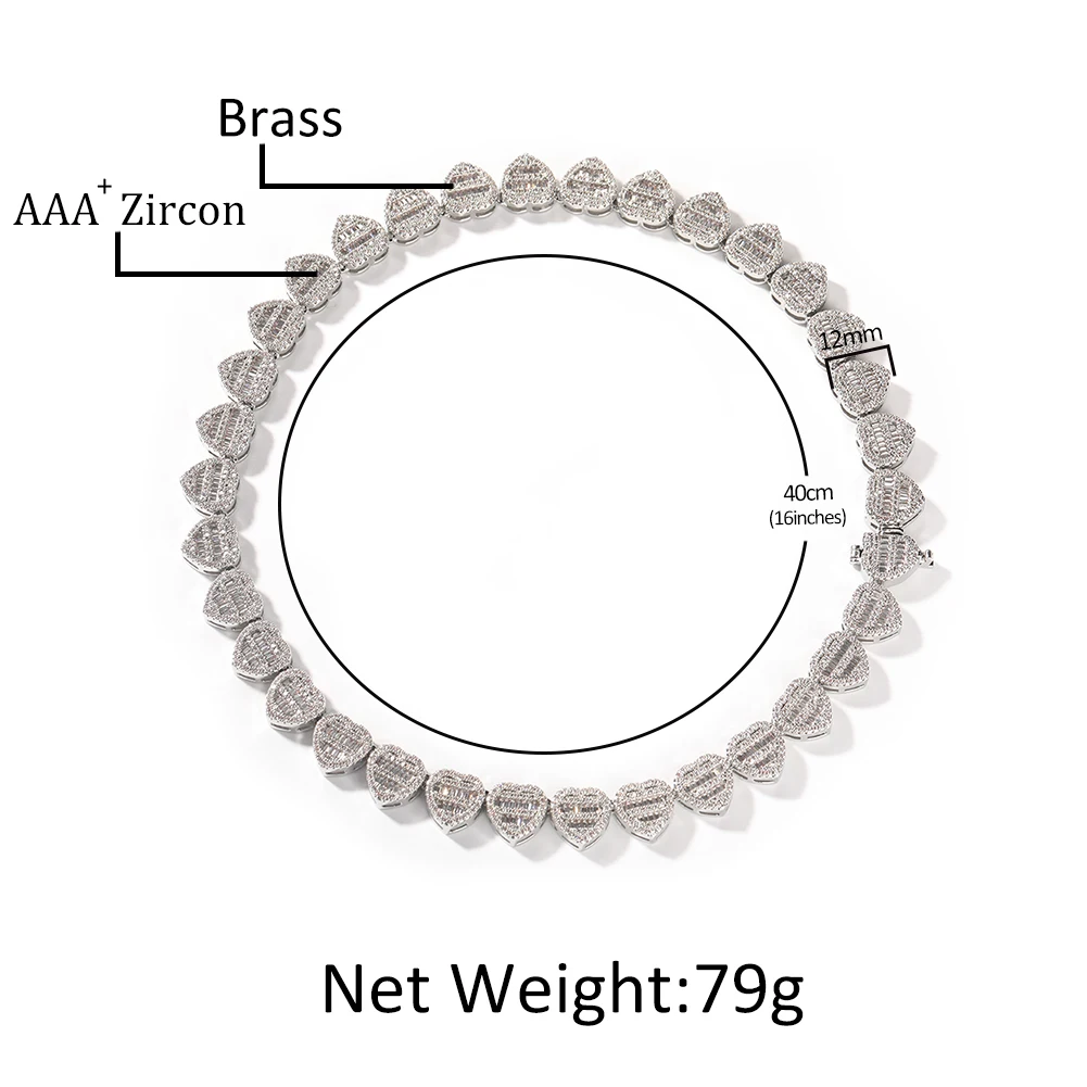 THE BLING KING 12mm Baguettecz Heart Necklace Full Paved Out Cubic Zirconia Link Chain Luxury Jewelry Engagement Gift For Women