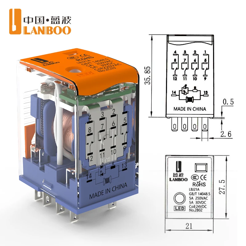 Przekaźnik uniwersalny wysokiej jakości LANBOO J21A, przekaźnik mikro-przejściowy DC 12V/24V AC 220V 8-pinowy/14-pinowy oraz podstawa, sprzedawane oddzielnie. — zdjęcie 6