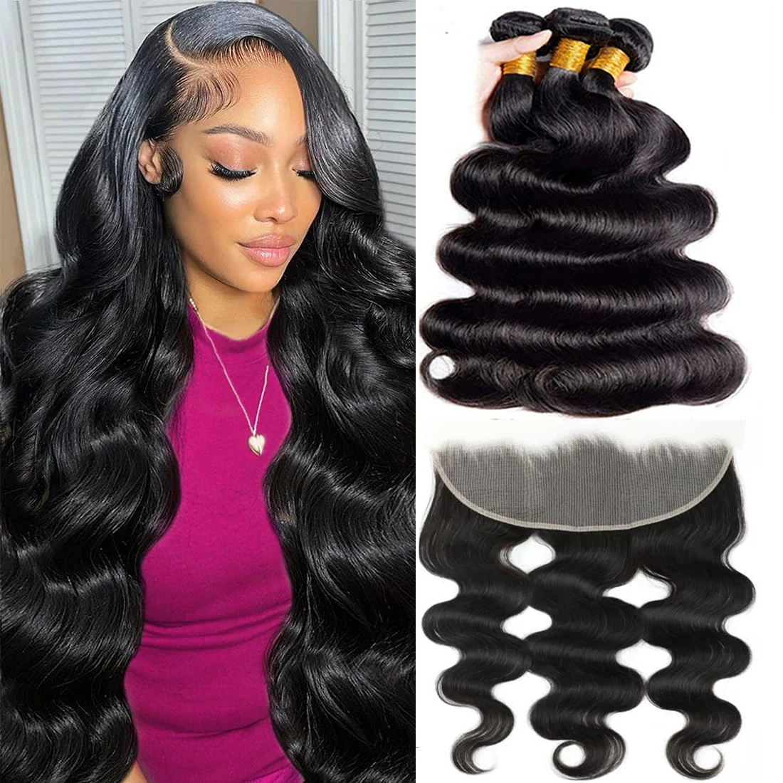 Body Wave Human Hair Bundles With Frontal 100% Unprocessed Brazilian Virgin Real Human Hair 3 Bundles with 13x4 HD Lace Frontal