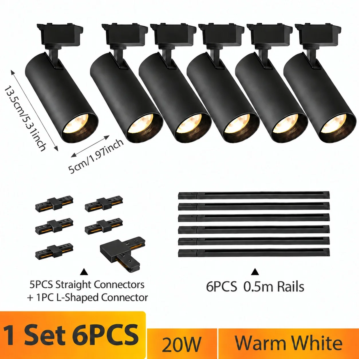 LED-spoorverlichtingsset, zwart, met 4 of 6 spots, inclusief 0,5 m lange rails en verbindingsstukken, 20W, 30W, 40W, plafondspoorverlichtingsset, 350. °   Verstelbaar