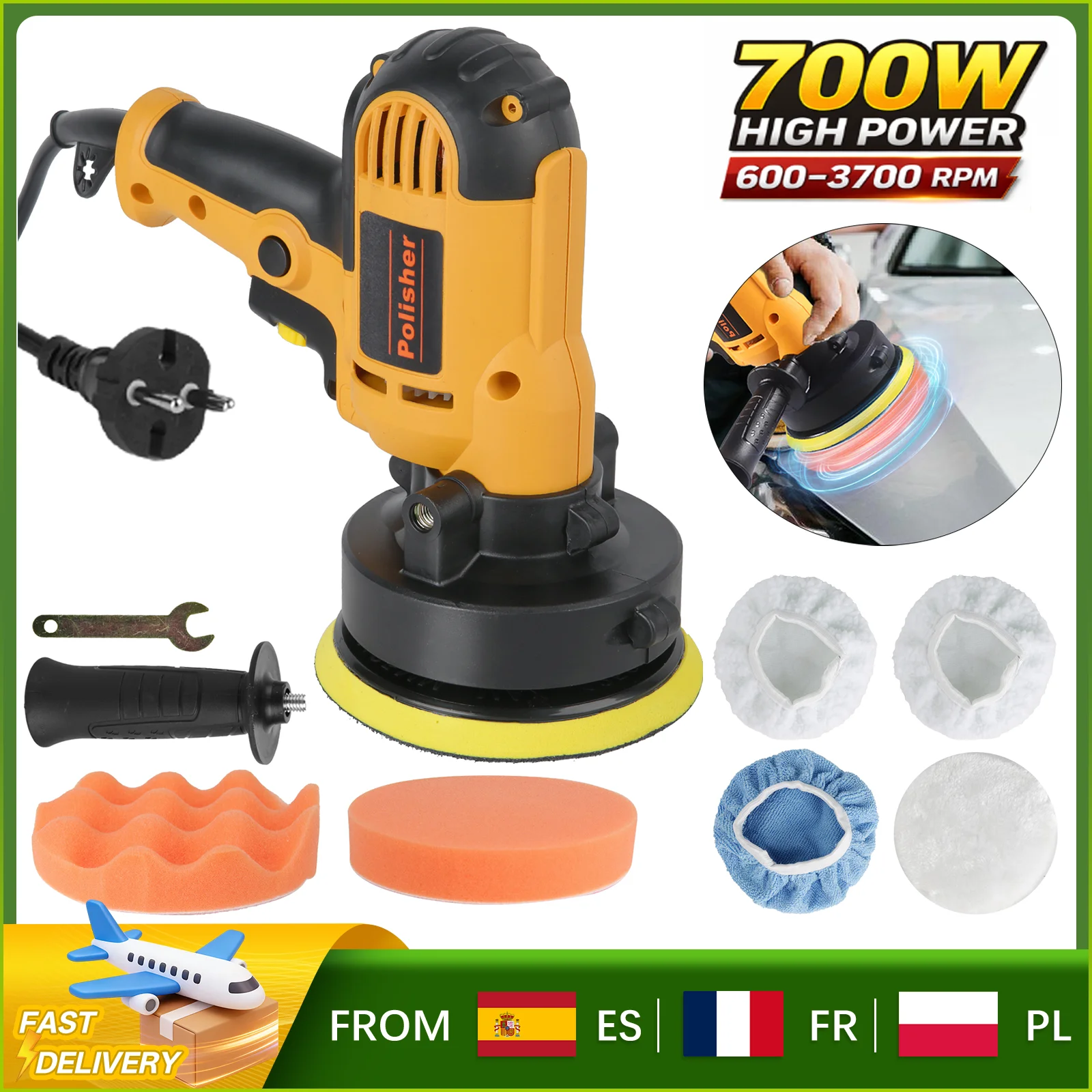 Polisseuse électrique pour voiture 700W 125MM, polisseuse rotative 6 vitesses 600-3700RPM avec tampons en laine et éponge pour le cirage et la réparation des rayures des meubles et des voitures