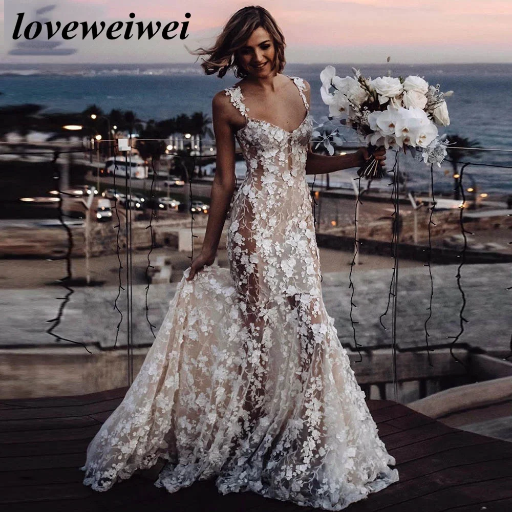 Spaghetti Straps Mermaid Wedding Dress Lace Applique Wedding Gown Boho Flowers Bridal Dress Sweetheart Bridal Gown Vestido Novia