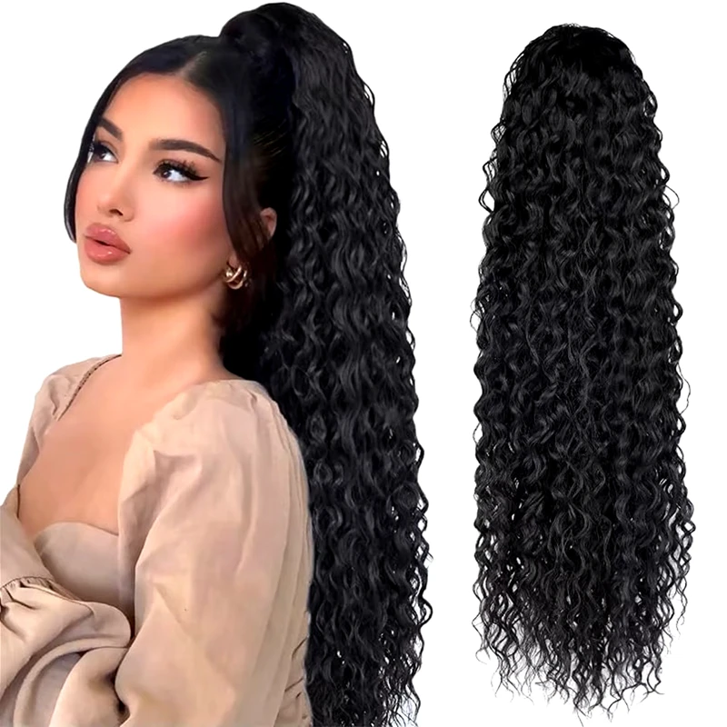 Curly Ponytail Extensions Deep Wave Drawstring Ponytail For Women Human Hair with Clip Thick Ponytail Hair Natural Black  #1B