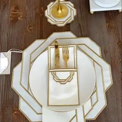 OCTAGONAL GOLD DESIGN PLACEMAT SET - WATERPROOF FABRIC - 6 PERSONS - 24 PCS. FULL SET