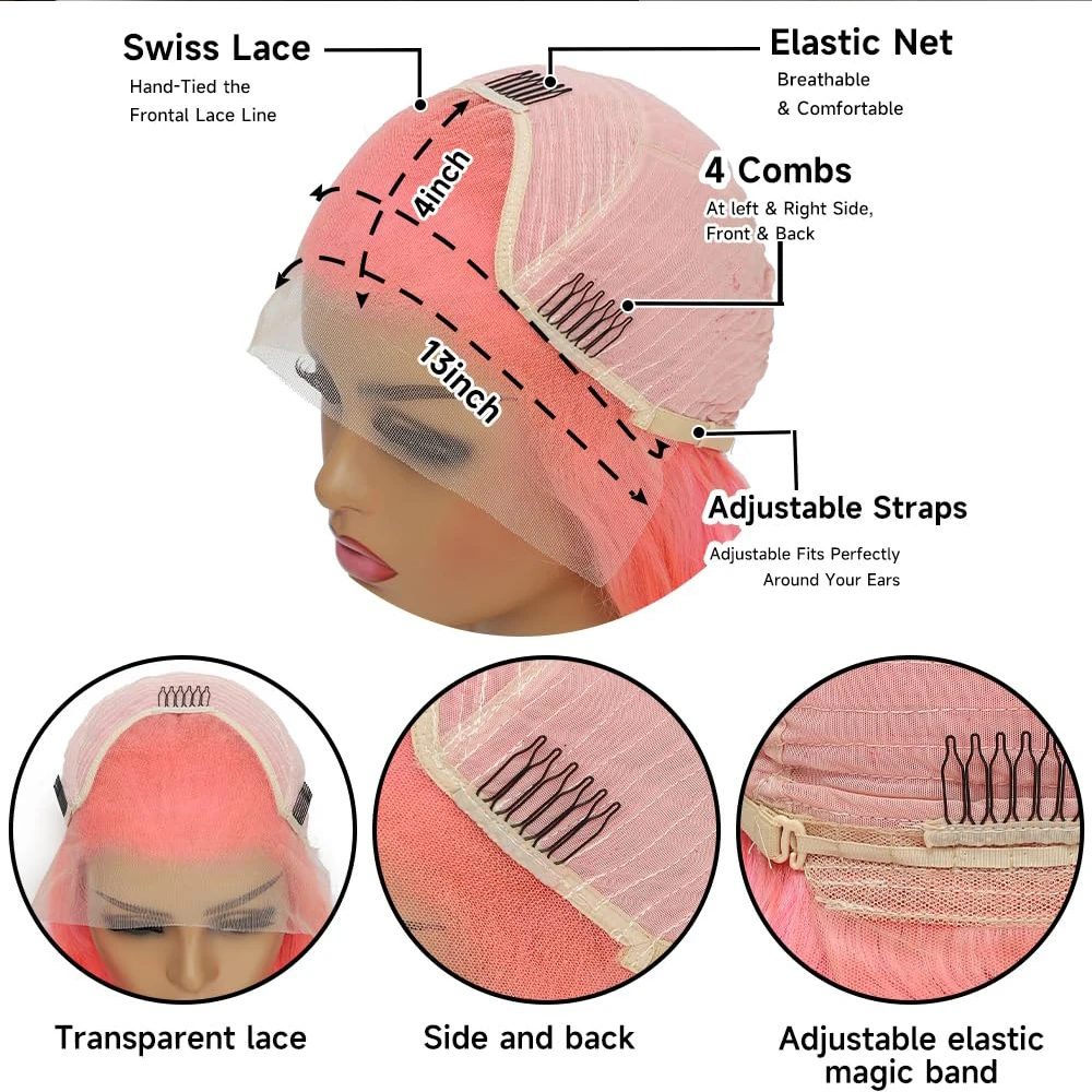 女性用ナチュラルヘアウィッグ,ピンクのフロントレース,13x6,密度200