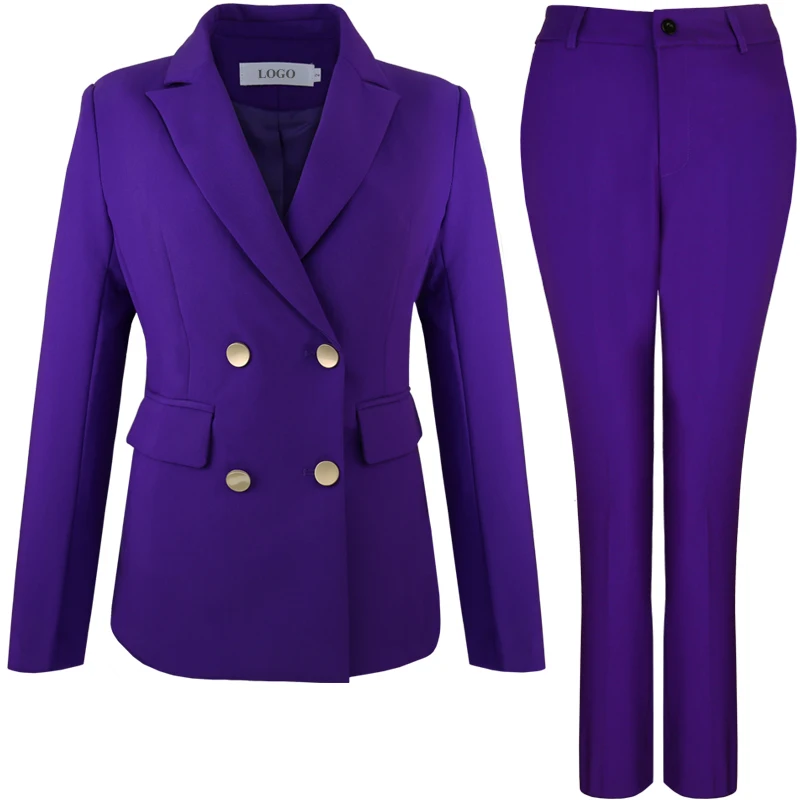 Lenshin 2 Piece Set Less is More Simple Pant Suit Blazer Office Lady Design Women Purple Double Breasted Grey Jacket and Trouser