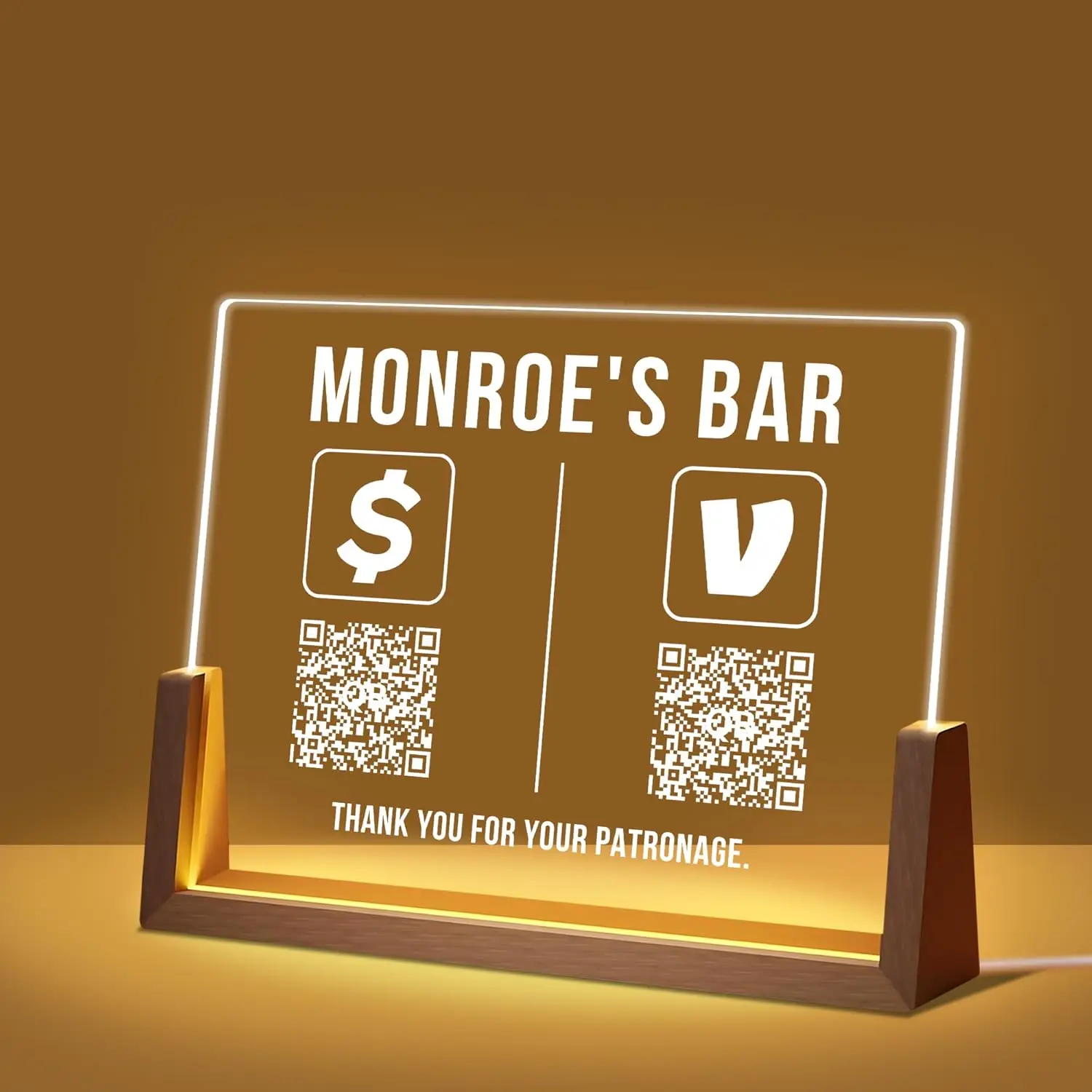 علامة رمز QR من الأكريليك مقاس 8 بوصة مخصصة للأعمال للمسح الضوئي للدفع، والوسائط الاجتماعية، وواي فاي، وعرض الباركود مع حامل أو قاعدة خشبية