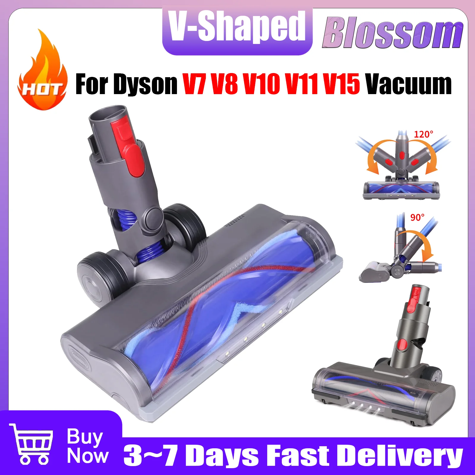 Tête d'aspirateur en forme de V pour Dyson V7 V8 V10 V11 V15, lumière noire/bleue blanche, brosse à rouleau pour tapis de sol, aspirateur à main