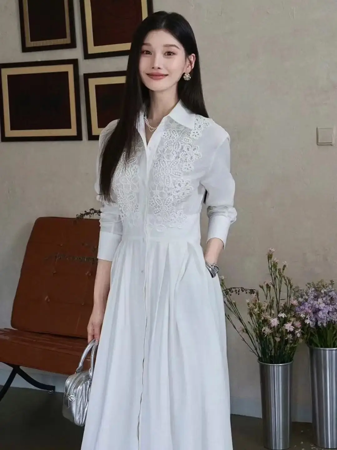 

Elegant lightweight English lace embroidered long sleeve dress