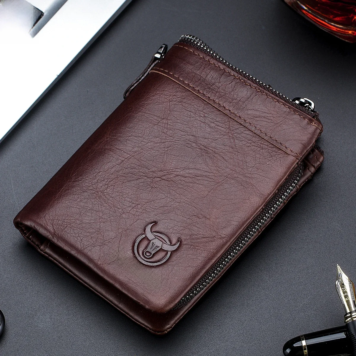 BULLCAPTAIN Portfel męski z prawdziwej skóry Zip Retro portmonetka RFID na karty męskie — zdjęcie 2