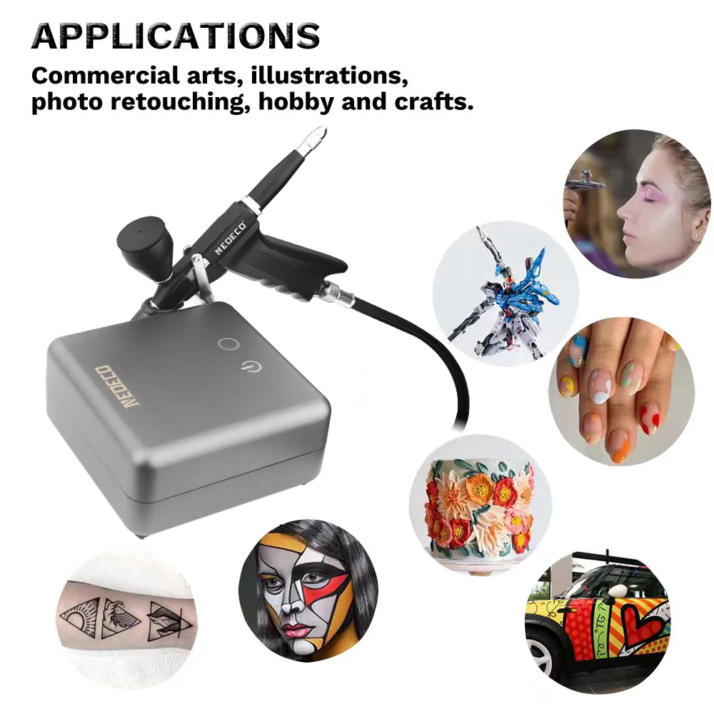 Trigger Air-Paint Control GunSide Feed Airbrush with Mini Grey Auto Stop Compressor Kit 0.2 0.3 0.5mm for Car/Body Painting Cake