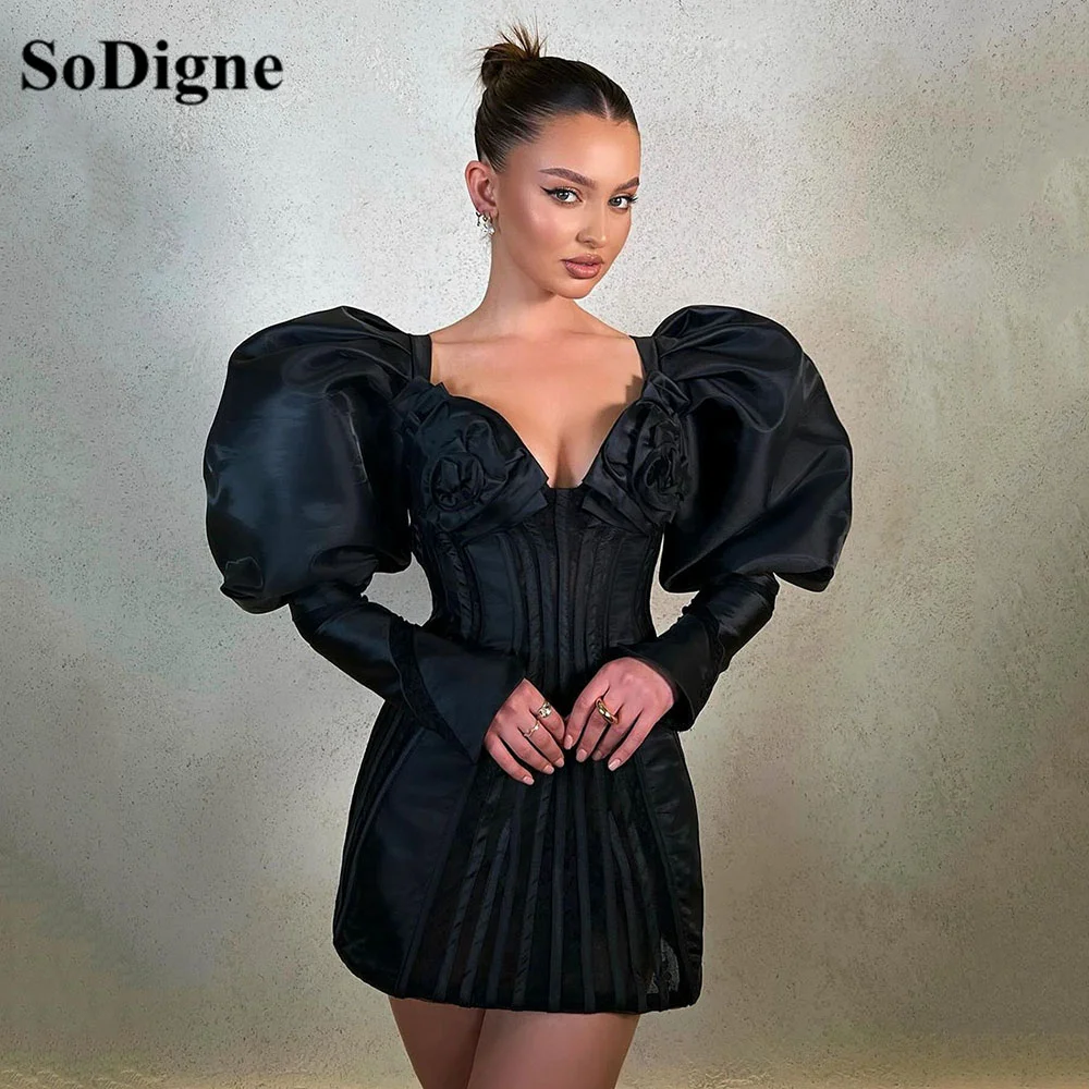 

SoDigne Black Elegant Party Dresses 2024 Sweetheart Puff Sleeves Mini Short Prom Dresses Graduation Formal Occasion Dresses