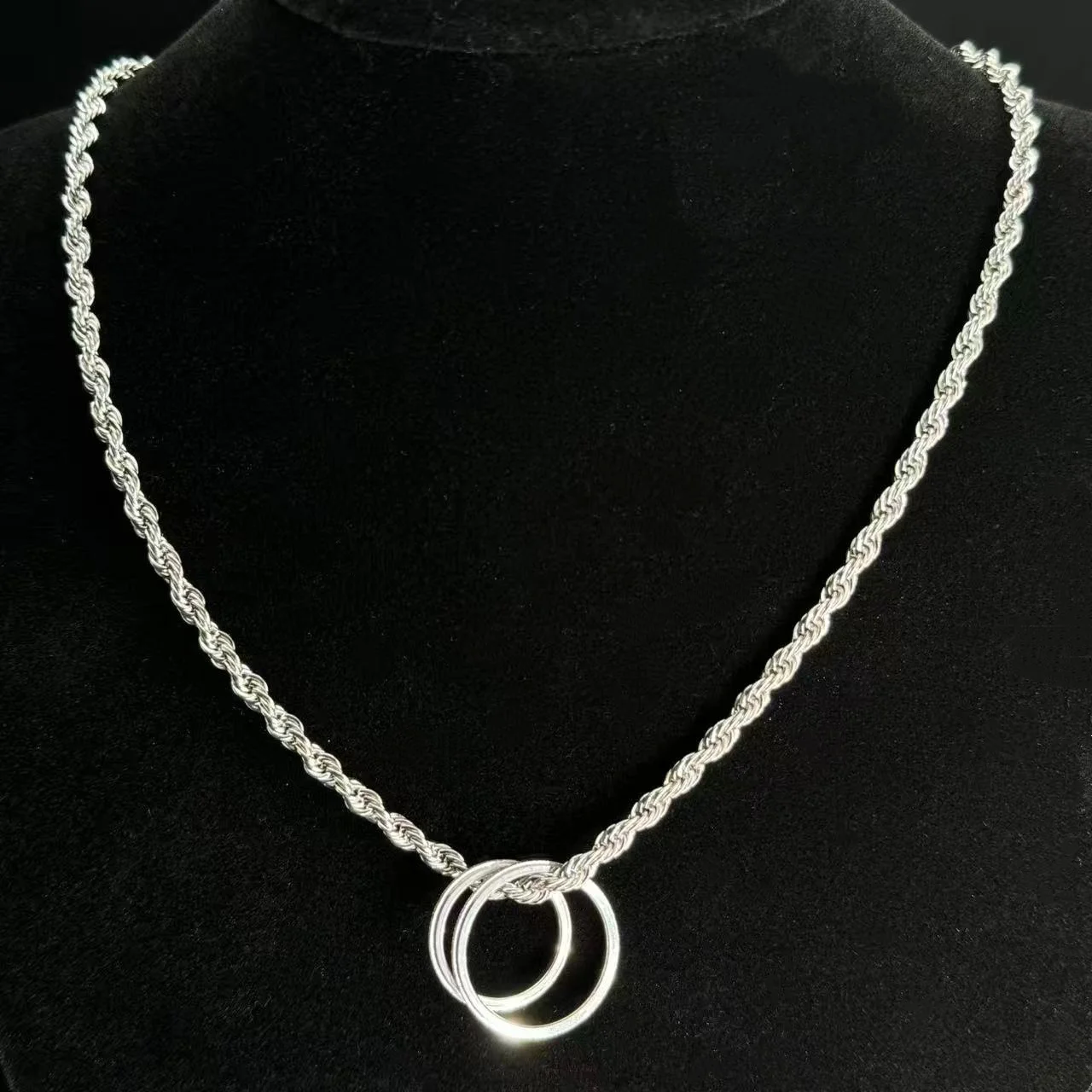 سلسلة ملتوية + مجموعة حلقات مزدوجة، للجنسين - مجموعة قلادات سلسلة كوبية هدية مجوهرات بسيطة مقاس 20 بوصة