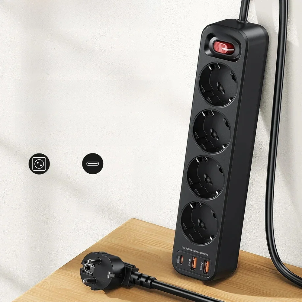 4000W Listwa zasilająca z wtyczką EU 4AC Wiele przedłużaczy z 4 kablem USB 1,5m Gniazdo elektryczne PD 33W Szybkie ładowanie Ochrona przeciwprzepięciowa — zdjęcie produktu 7