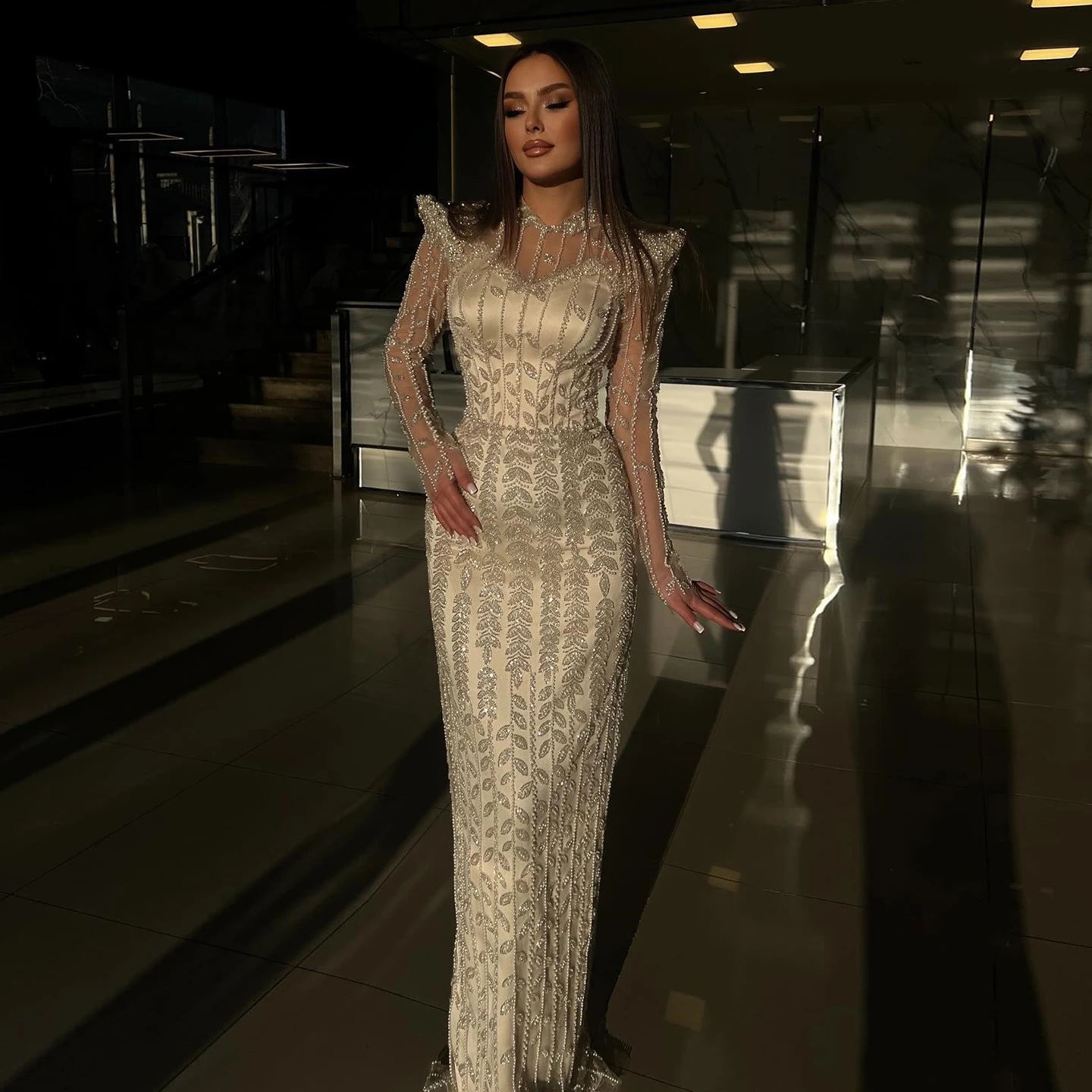 

Sharon Said Роскошное розовое кремовое вечернее платье с бисером и длинными рукавами для женщин, элегантные вечерние платья для свадебной вечеринки SS696 по индивидуальному заказу