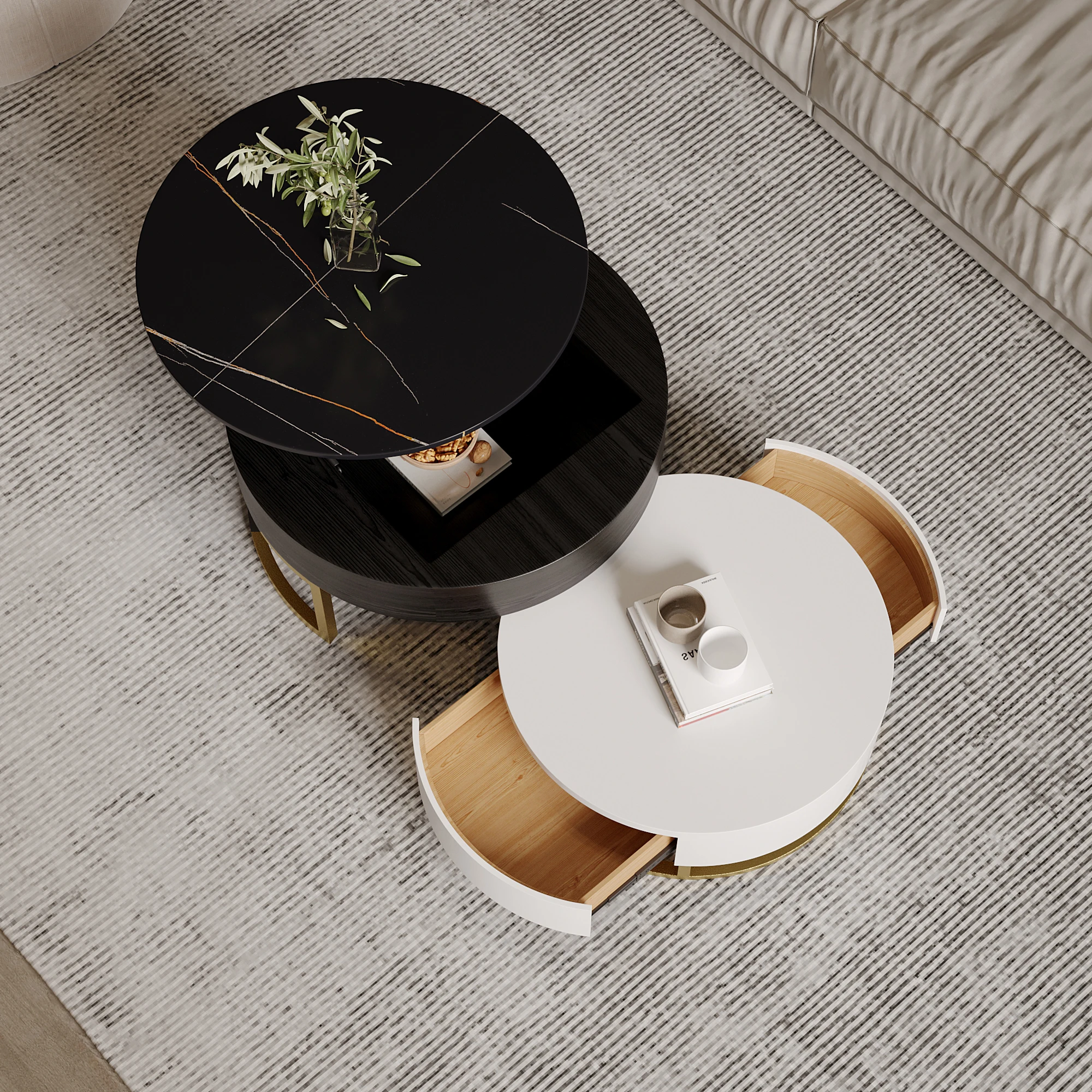 Modern Lift Top Nesting Coffee Table Set Black/White Sintered Stone Round Tabletop with Storage and 2 Drawers for Living Room