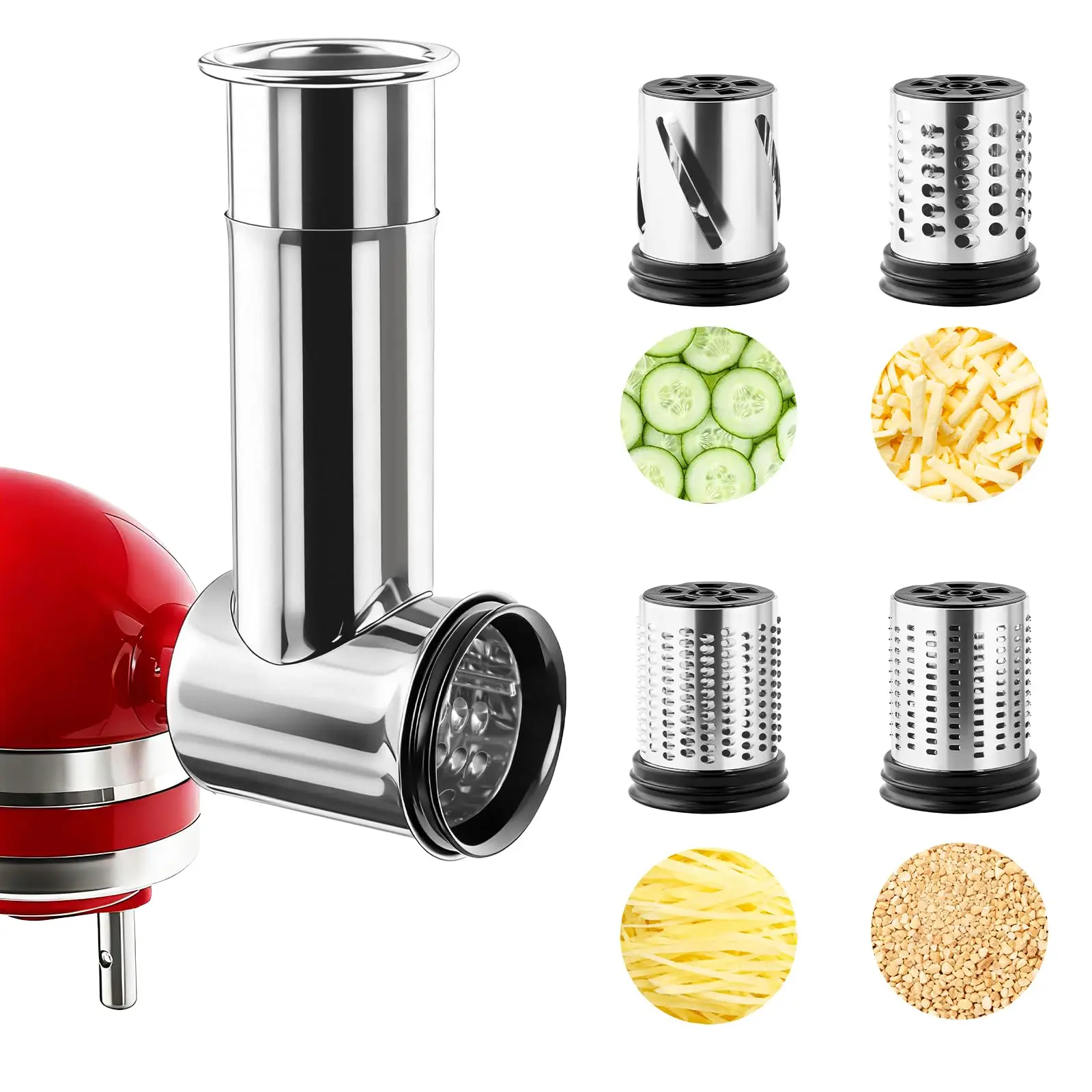 Stainless Steel Slicer Shredder Cheese Grater Attachment for KitchenAid Stand Mixer, Salad Maker Powder Mill, Dishwasher Safe with 3 Blades