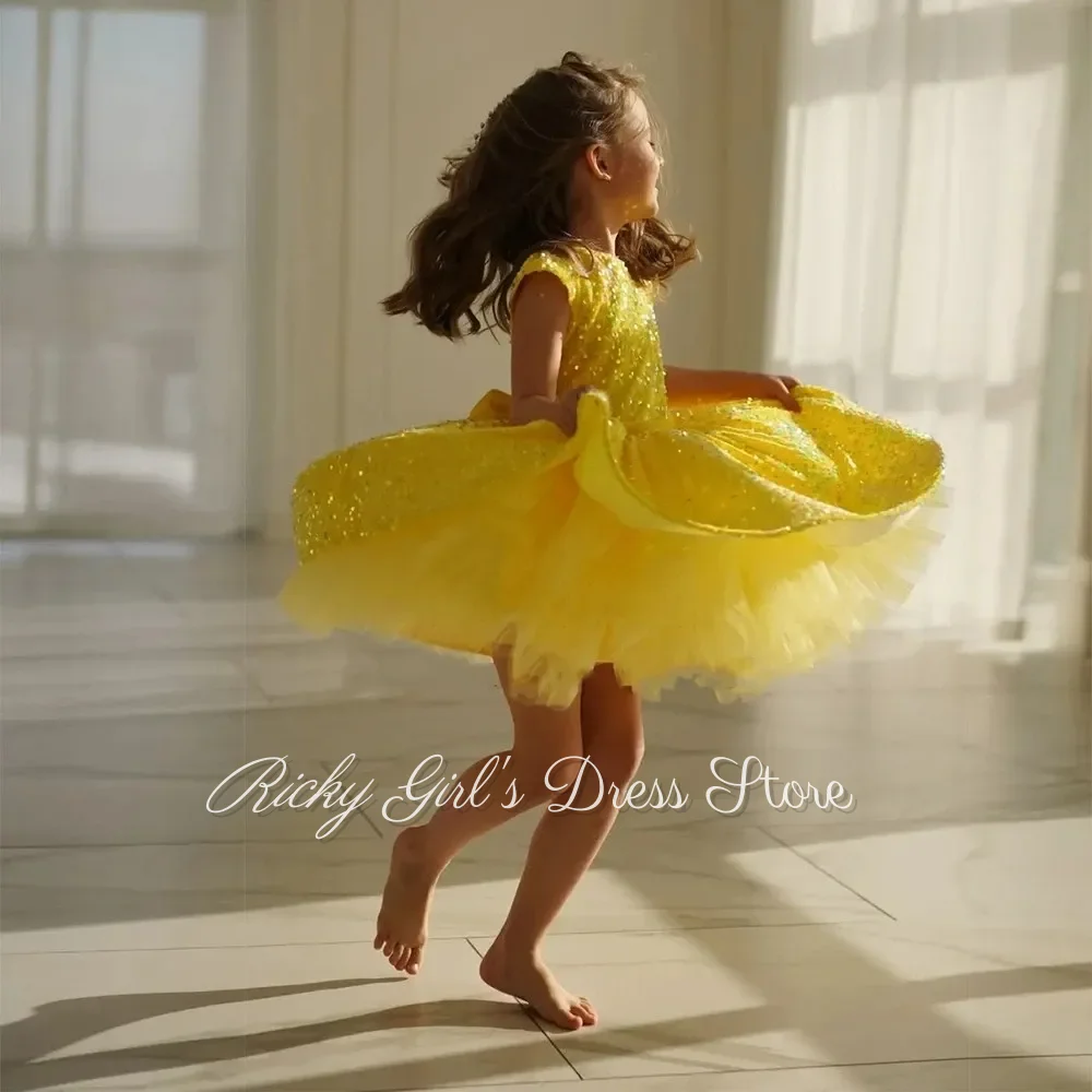 Children's Princess Flower Girl Dress Sequin Yellow Sparkling Knee Length Show Hostess Dress Infant Toddler Fashionable Gown