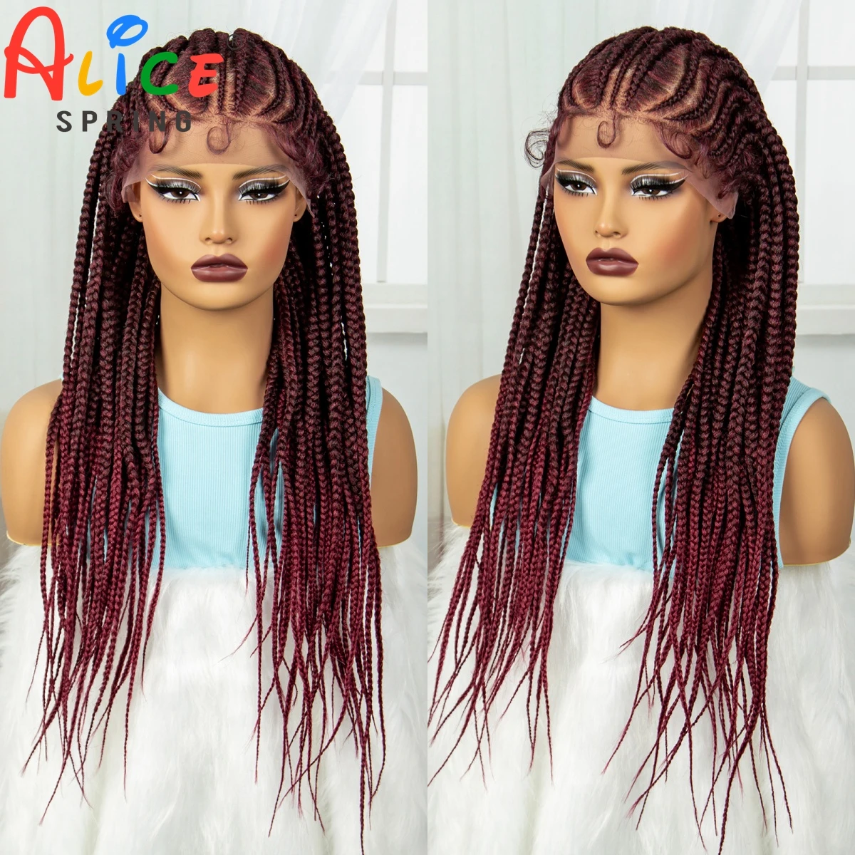 Wig sintetis kepang renda depan Burgundy, Wig kepang tanpa simpul renda Frontal untuk wanita warna hitam, Wig kepang Corrow dengan rambut bayi