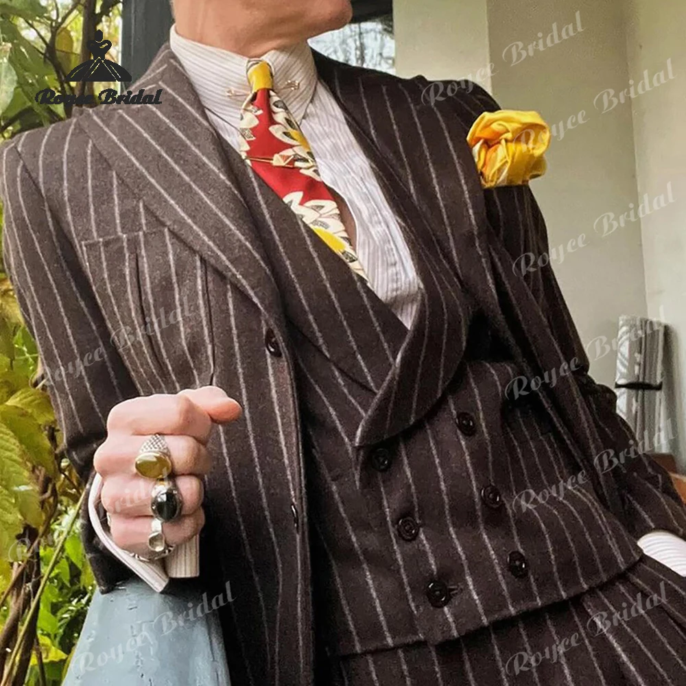 Notched Lapel Three Piece Single Breasted Wedding Men's Suits 2026 Brown Striped  Casual Prom Suits costume homme mariage