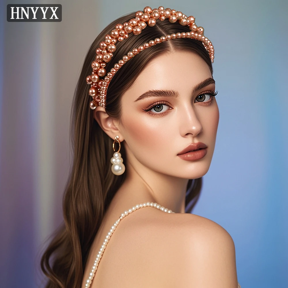 

HNYYX Champagne Double Row Pearls Hair Band Fashion Hair Hoop for Women Bridesmaid Gift Jewelry A07