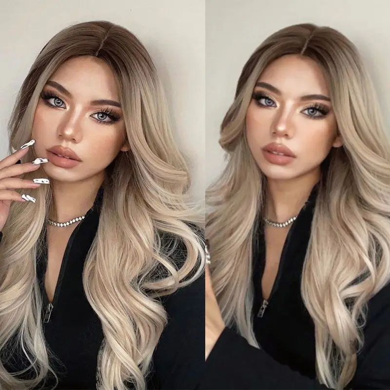 Perruque Lace Front Wig synthétique longue ondulée ombrée, cheveux naturels, brun, blond clair, 10%, Cosplay mixte, résistant à la chaleur, pour femmes