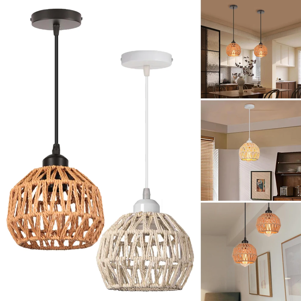 

Люстра из ротанга в стиле бохо, подвесной светильник ручной работы, плетеный подвесной светильник из пеньковой веревки для кухни, спальни, гостиной E27