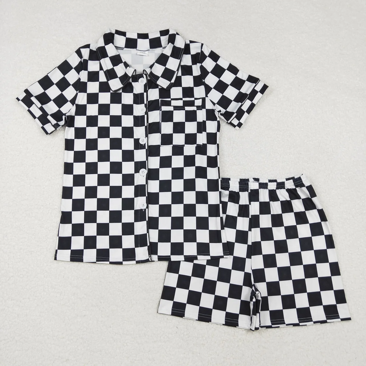 

Wholesale Adult Women Pajamas Clothing Short Sleeves Button Down Pocket Shirt Woman Set Sleepwear Shorts Black Checkered Outfit