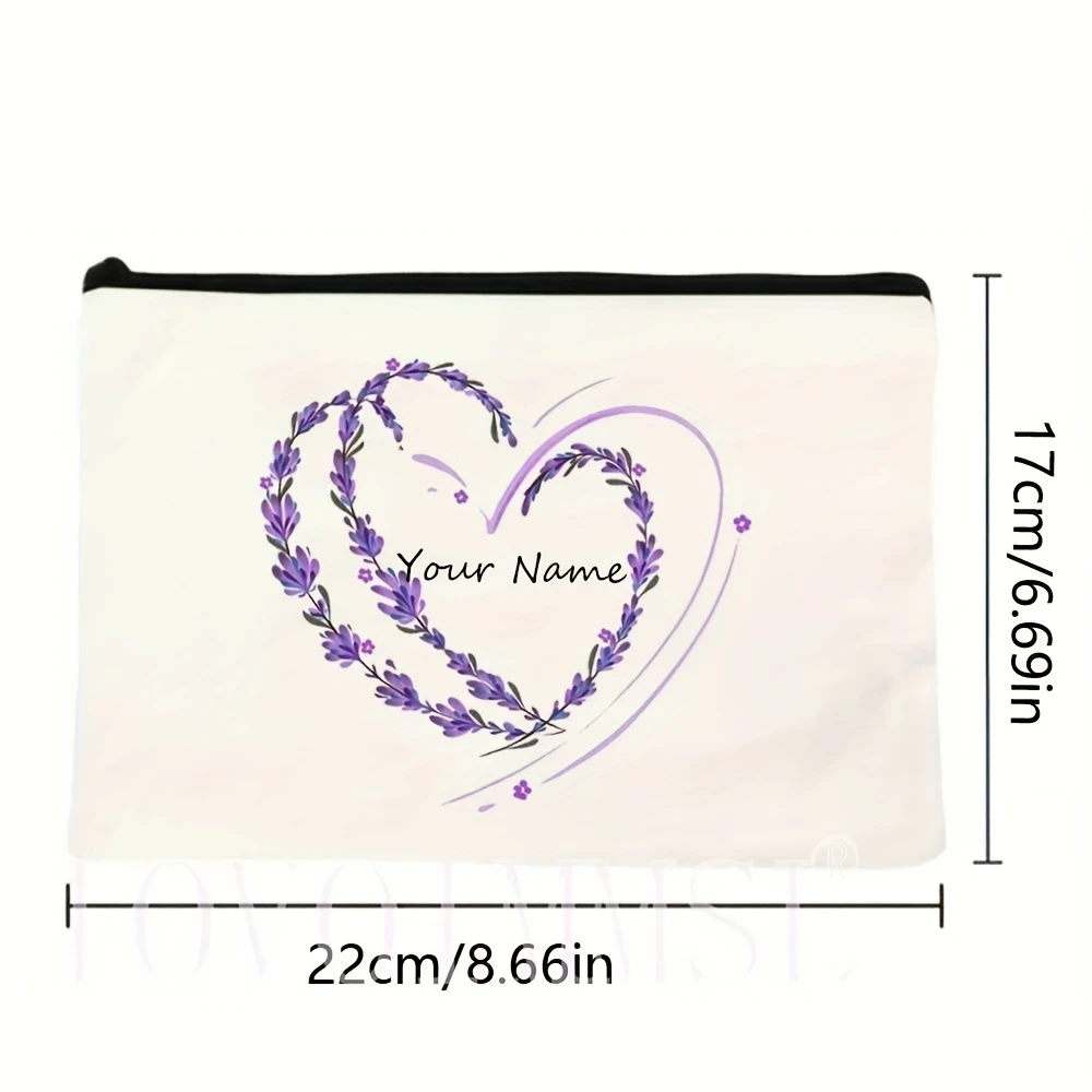 Purple Floral Heart Custom Name Makeup Bag Unlined Washable Foldable Open Storage For Travel Party Ladies