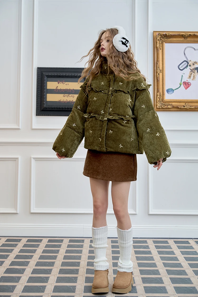 ELFSACK Winter Bow Embroidery Down Jacket for Women, Sweet And Cute Warm Velvet Cloth Thick Warm Coat