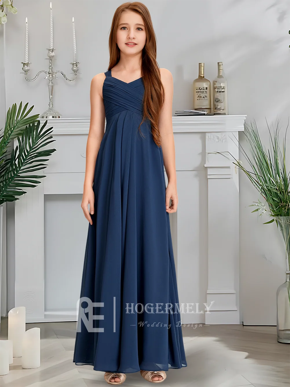 Платье подружки невесты в полный рост, темно-синее, с V-образным вырезом, шифоновое, кружевное, длиной до пола, платье с цветочным узором для девочек, без рукавов, с молнией сзади, идеально подходит для