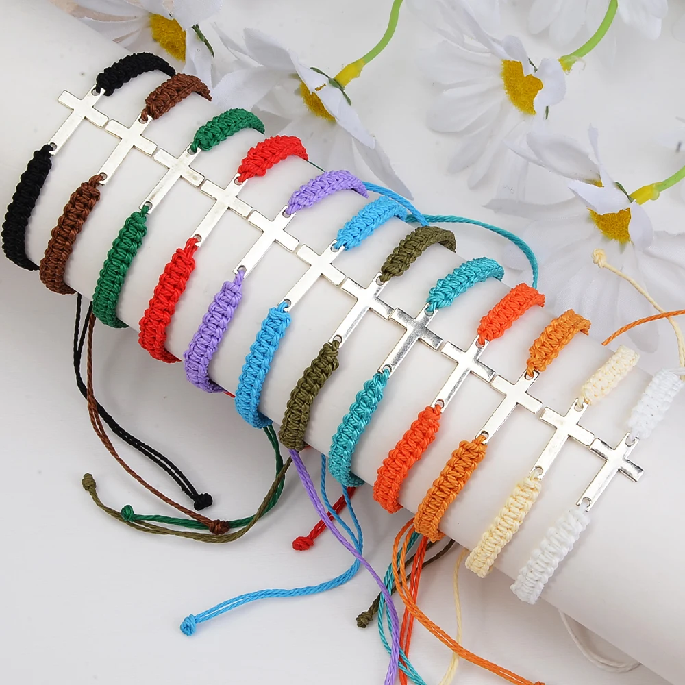 12pcs/set Wax Thread Bohemian Style Hand-woven Bracelets, Cross Rainbow Bracelets, Couple Bracelets