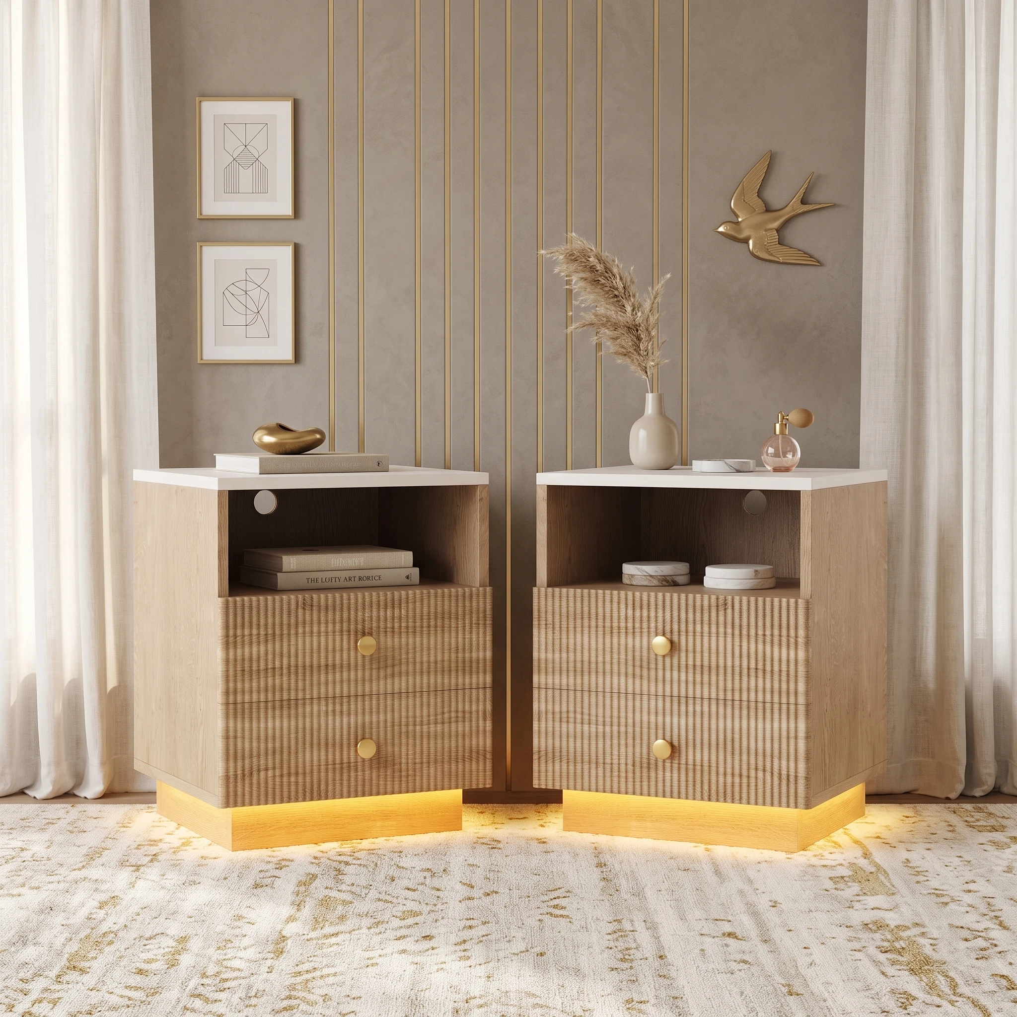 Anajqaqia Ensemble de 2 tables de chevet, avec 2 tiroirs et compartiment ouvert, armoire de chevet en bois, table de canapé, table de chevet, table d'appoint moderne pour chambre à coucher, salon, couleur bois