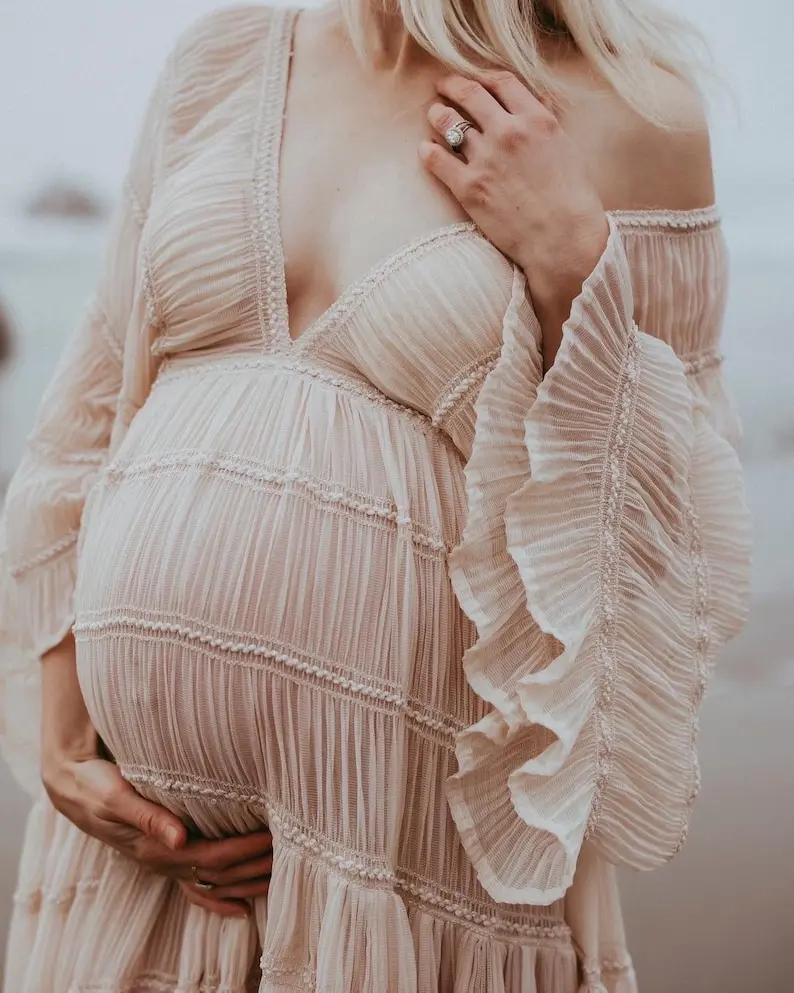 Lace Maternity Photography Props Long Maxi Dresses Baby Shower Pregnancy Photo Shoot V Neck Chiffon Ruffle Bridal Gown Wedding