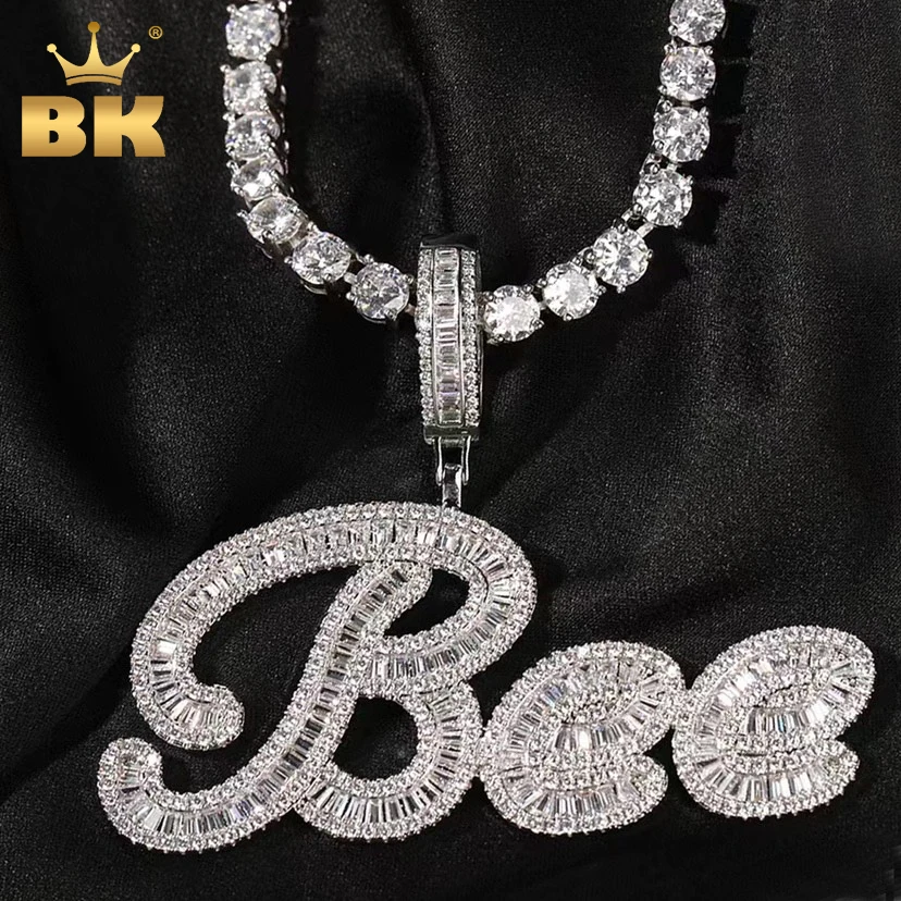 De Bling King Custom Borstel Cursief Brief Naam Hanger Ketting Iced Out Bageutte Zirconia Ketting Hiphop Sieraden