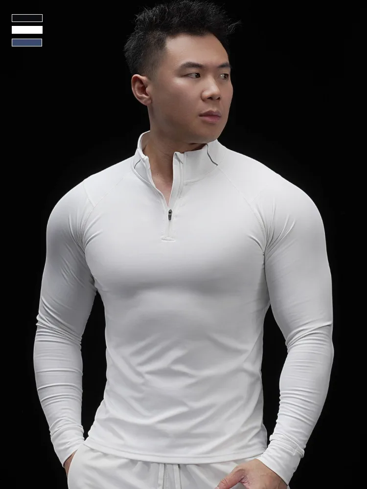 

Simple Sports Semi-zipper Stand-up Collar Long-sleeved T-shirt Men Gym Fitness Slim-fitting Bottoming Shirt Quick-drying Top