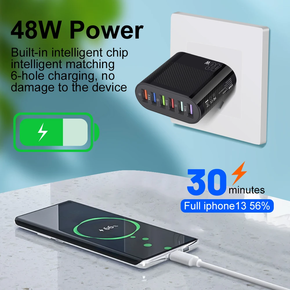 Multiport USB Charger 48W Quick Charger QC3.0 Fast Charging Mobile Phone Charge Adapter For iPhone 15 16 14Samsung Xiaomi Realme